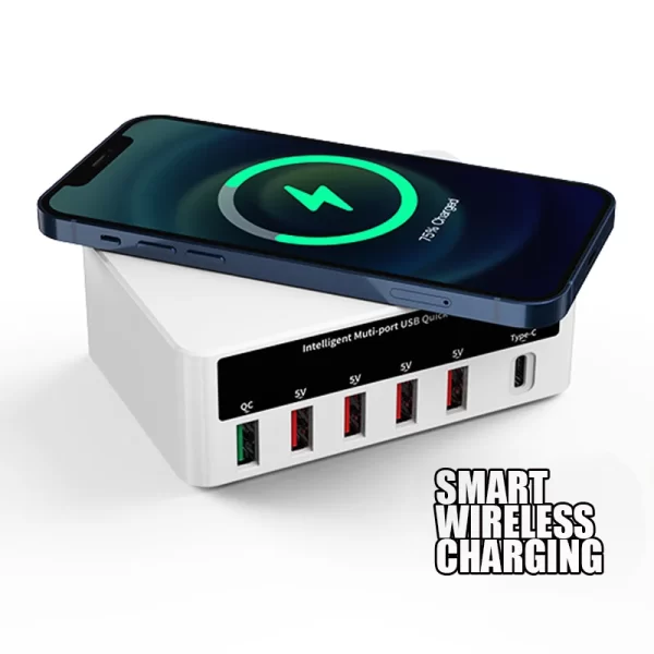 Kailiwei 40W 6 Port LED Display USB Fast Wireless Charger Phone Tablet Desktop Home Mobile Adapter